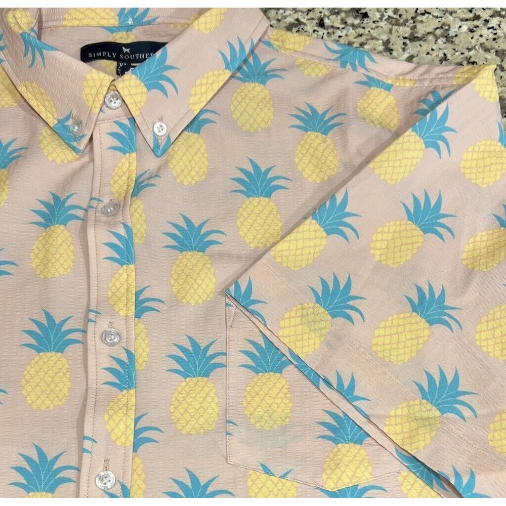 New Simply‎ Southern Mens Short Sleeve Button Shirt Pineapple Pucker Pine XL
